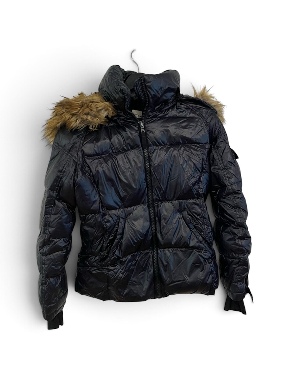 Women's Black Quilted Puffer Jacket with Faux Fur Hood s13
